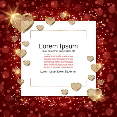 Valentine's Day red blurred vector background with golden hearts, light effects and blank frameのイラスト素材