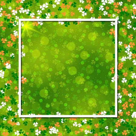 St.Patrick's Day green blurred vector background with clover leaves and white frameのイラスト素材