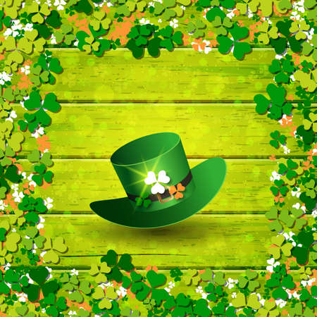 St.Patrick's Day green wooden vector background with clover leaves and green leprechaun hatのイラスト素材