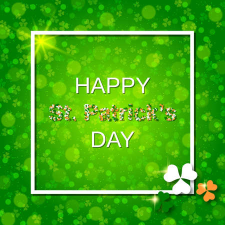 St.Patrick's Day green vector background with clover leaves and white frameのイラスト素材
