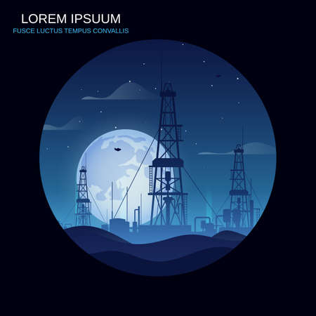 Oil and gas rigs over blue desert night vector illustration. Industrial landscape backgroundのイラスト素材