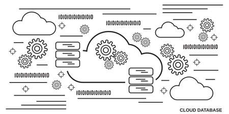 Cloud database, remote server thin line art style vector concept illustrationのイラスト素材