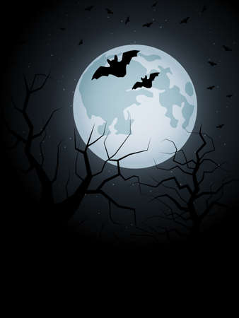 Halloween scary night vector background. Dead trees and bats illustrationのイラスト素材
