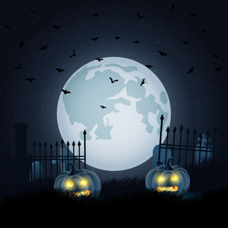 Halloween scary night vector background. Dead trees and old cemetery illustrationのイラスト素材