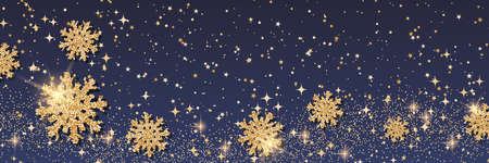 Christmas and New Year vector background with stars and snowflakes. Horizontal banner design templateのイラスト素材