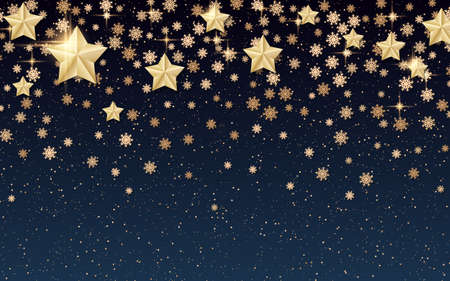 Christmas and New Year elegant vector background with golden stars and snowflakesのイラスト素材