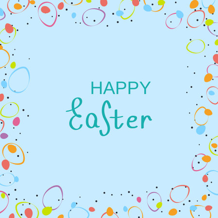 Happy Easter cartoon style vector illustration. Light-blue background with colorful eggsのイラスト素材