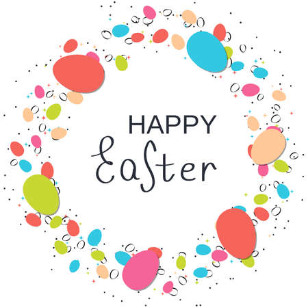 Happy Easter cartoon style vector illustration. White background with colorful eggs