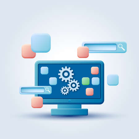 SEO optimization, information processing, data computing, web search cartoon style vector concept illustrationのイラスト素材