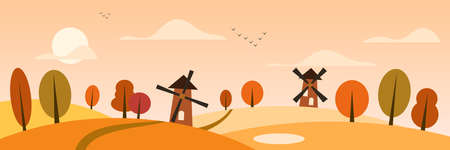 Autumn cartoon style vector banner template. Yellow background with colorful tree leaves and treesのイラスト素材