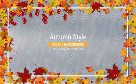 Autumn style vector illustration. Cloudy sky background with rain and colorful leavesのイラスト素材