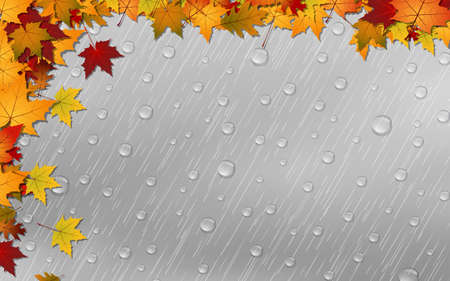 Autumn style vector illustration. Cloudy sky background with rain, water drops and colorful leavesのイラスト素材