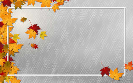 Autumn style vector illustration. Cloudy sky background with rain and colorful leavesのイラスト素材