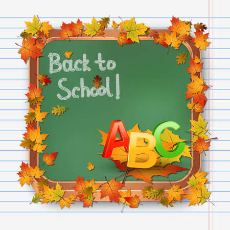 Back to school, education autumn style vector illustration. Green square chalkboard background with colorful leavesのイラスト素材