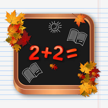 Back to school, education autumn style vector illustration. Black square chalkboard background with colorful leavesのイラスト素材