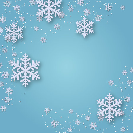 Christmas and New Year vector illustration. Light blue background with elegant cartoon snowflakes and starsのイラスト素材