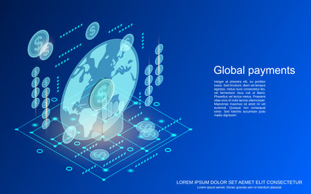 Global payments, money transfer, financial transactions, exchange flat 3d isometric vector concept illustrationのイラスト素材