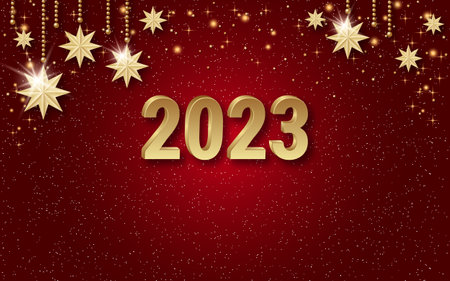 Christmas and New Year 2023 red luxury vector background with golden stars and winter decor
