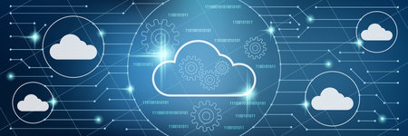 Cloud computing, data processing vector concept illustration. Technology style horizontal banner...