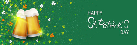 St.Patrick's Day vector banner template. Green background with colorful clover leaves and beer glassesのイラスト素材