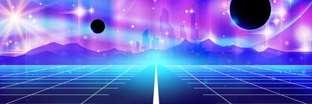 Futuristic city vector concept illustration. Future town silhouette on night sky background. Web...