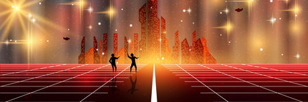 Futuristic city vector concept illustration. Future town silhouette on sky background. Web banner, header design templateのイラスト素材