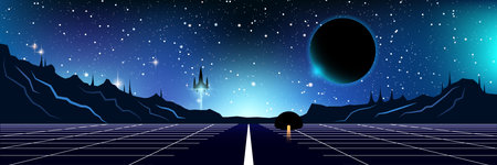Alien exoplanet, deep space sci-fi vector concept illustration. Web banner, header design templateのイラスト素材