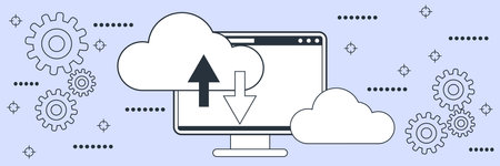 Cloud data backup, data storage, synchronization flat contour style vector concept illustration
