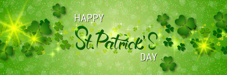 St.Patrick's Day vector banner template. Green background with colorful clover leavesのイラスト素材