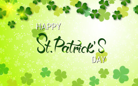 St.Patrick's Day green vector background with colorful clover leaves and elegant letteringのイラスト素材