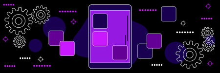 Mobile application development, GUI construction, software engineering dark theme style vector concept illustrationのイラスト素材