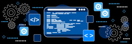 Application development, program coding, SEO optimization, software construction dark theme style vector concept illustrationのイラスト素材