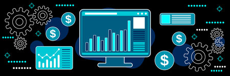 Business data analytics, information computing, big data science, market trends analyzing flat contour style vector concept illustrationのイラスト素材