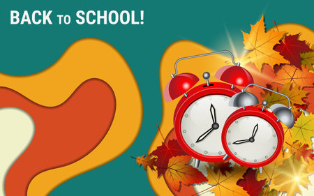 Back to school, education autumn style vector illustration. Colorful 3d layered background with colorful leavesのイラスト素材