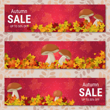 Autumn colorful leaves horizontal vector banners collection. Sale banner, promo poster, coupon, voucher, discount card design templateのイラスト素材