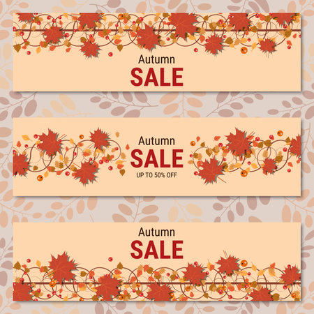 Autumn colorful leaves horizontal vector banners collection. Sale banner, promo poster, coupon, voucher, discount card design templateのイラスト素材