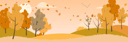 Autumn cartoon style landscape with colorful trees and hillsのイラスト素材