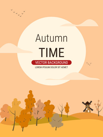 Autumn cartoon style landscape with colorful trees and hillsのイラスト素材