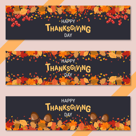 Happy Thanksgiving Day cartoon style vector banners template collectionのイラスト素材