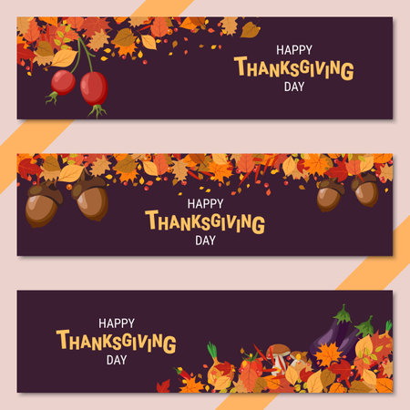 Happy Thanksgiving Day cartoon style vector banners template collectionのイラスト素材