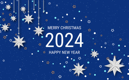 Christmas and New Year 2024 luxury vector background with stars, snowflakes and winter decor. Design for banner, flyer, invitation card, coupon, voucherのイラスト素材