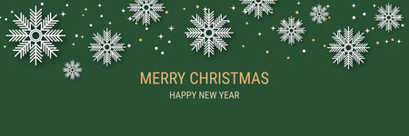 Christmas and New Year luxury vector illustration. Green background with golden stars and snowflakes. Design template for banner, horizontal flyer, invitation card, web headerのイラスト素材