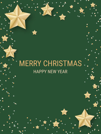 Christmas and New Year luxury vector illustration. Green background with golden stars and snowflakesのイラスト素材