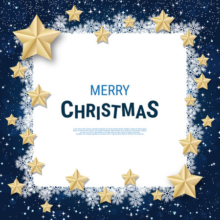 Christmas and New Year luxury vector background with stars and snowflakes. Design for banner, square flyer, invitation card, coupon, voucherのイラスト素材