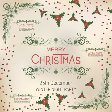 Merry Christmas and Happy New Year retro style vector illustration. Old paper background with winter style elementsのイラスト素材