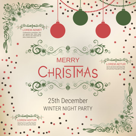 Merry Christmas and Happy New Year retro style vector illustration. Old paper background with winter style elementsのイラスト素材