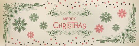Merry Christmas and Happy New Year retro style vector banner template. Old paper background with winter style elementsのイラスト素材