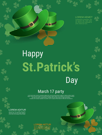 St.Patrick's Day vector flyer template. Green background with clover leaves and design elementsのイラスト素材