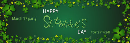St.Patrick's Day vector banner template. Green gradient background with clover leaves and letteringのイラスト素材