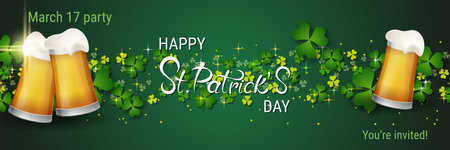 St.Patrick's Day vector banner template. Green gradient background with clover leaves and letteringのイラスト素材
